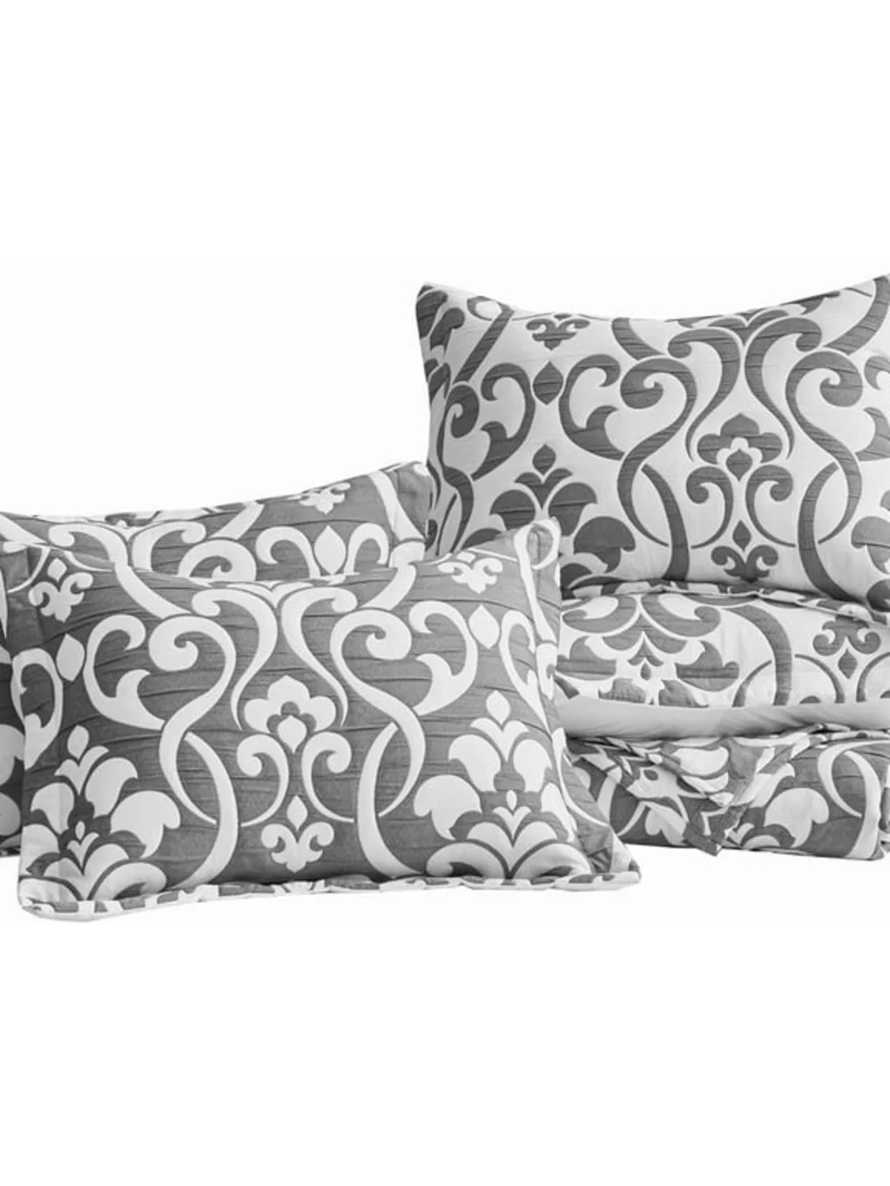 Gray and White Damask oversized king 5 piece quilt Set